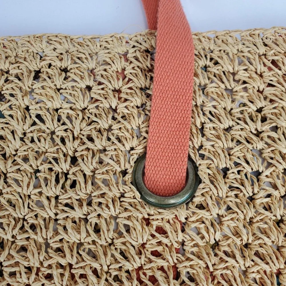Kirra Paper Straw Tote XLarge‎ Tan Boho Bag Canvas Coral Strap Beach Travel